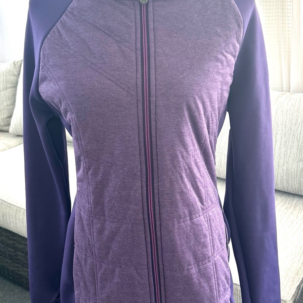 Women's Athleta Jersey Quilted 3/4 Length Hooded Zip Front Jacket Size Large